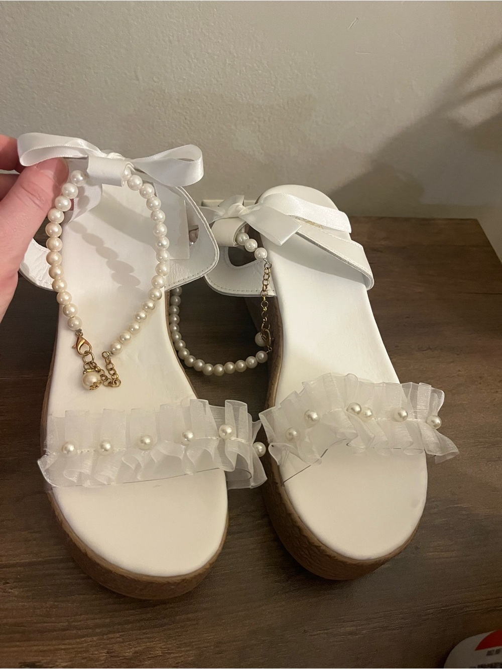 White Pearl-Embellished Wedge Sandals with Ankle Tie